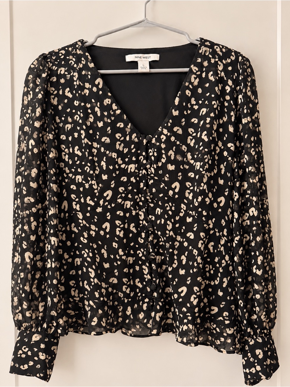 Nine West Black and Cream Leopard-Print V-Neck Blouse